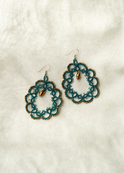 Teal Beaded Tatted Earrings