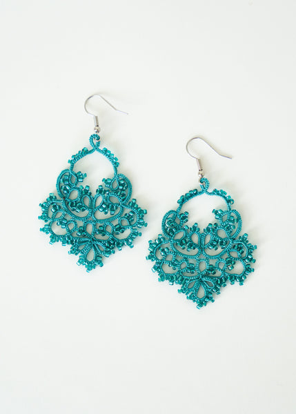 Turquoise Beaded Tatted Earrings
