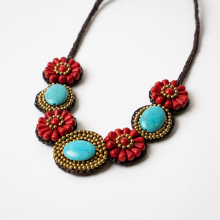 Coral And Turquoise Beaded Bib Necklace