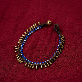 Blue And White Beaded Bracelet With Brass Fringe
