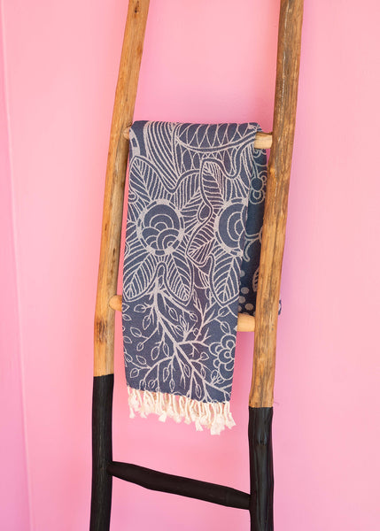 Blue Flower Print Turkish Towel