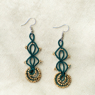 Tatted Teal and Brass Beaded Earrings