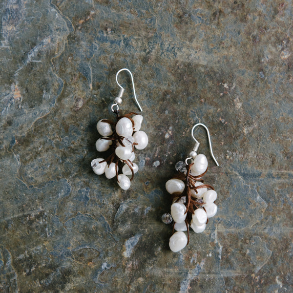 Brown Wax Cord And Cascading Pearl Earrings