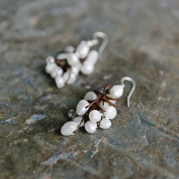 Brown Wax Cord And Cascading Pearl Earrings