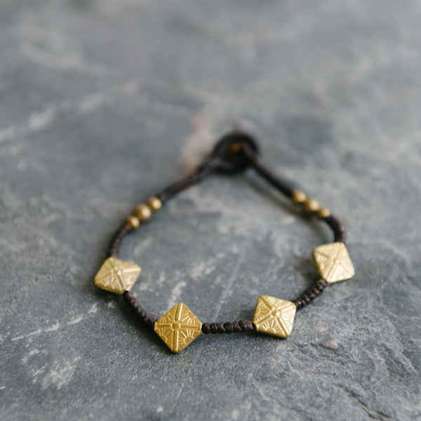Brown Wax Cord And Brass Bracelet