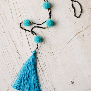 Blue Pom Pom Tassel Necklace