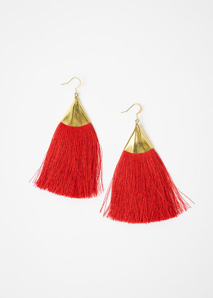 Brass Tringle Fringe Earrings in Red