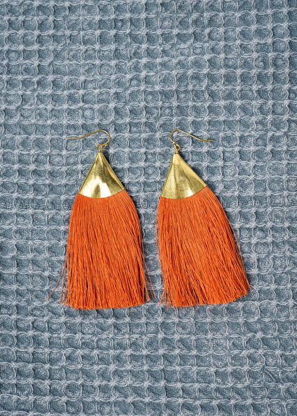 Brass Triangle Fringe Earrings In Burnt Orange