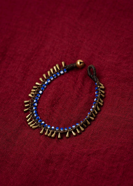 Blue And White Beaded Bracelet With Brass Fringe