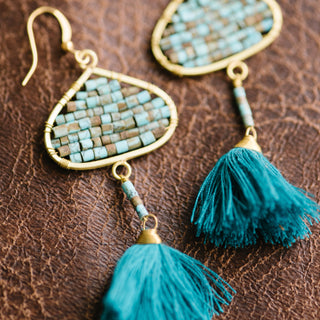 Turquoise Beaded Fringe Earrings