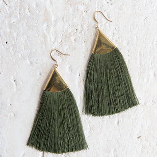 Brass Triangle Fringe Earrings In Green