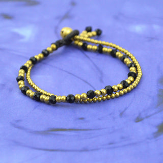 Gold and Black Double Strand Bracelet, gold bracelet, black bracelet, bell closure, jade/silver, purple/silver and amber/gold 