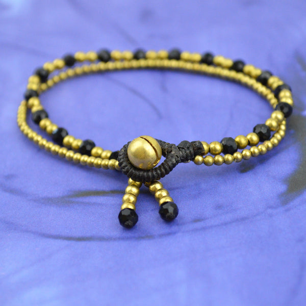 Gold and Black Double Strand Bracelet, gold bracelet, black bracelet, bell closure, jade/silver, purple/silver and amber/gold 